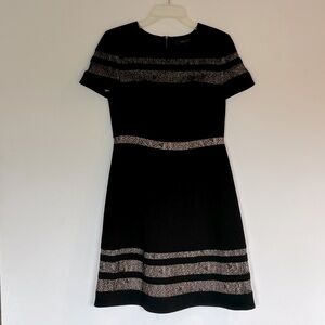BCBG black knee length dress, size 8, with lace in panel cutouts